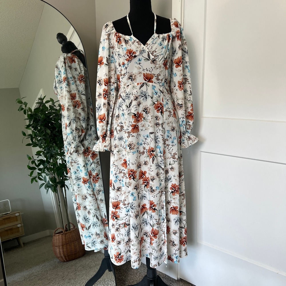 Cottagecore Floral Midi Dress Womens Small White Rust Blue Long Sleeve Bridal